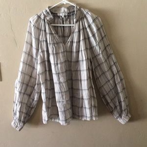 Tibi White and Black Windowpane Plaid Peasant Blouse